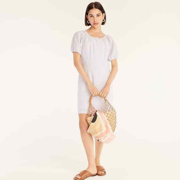J. Crew White Peri Shadow V-Back Linen Shirtdress In Gingham - Picture 1 of 8